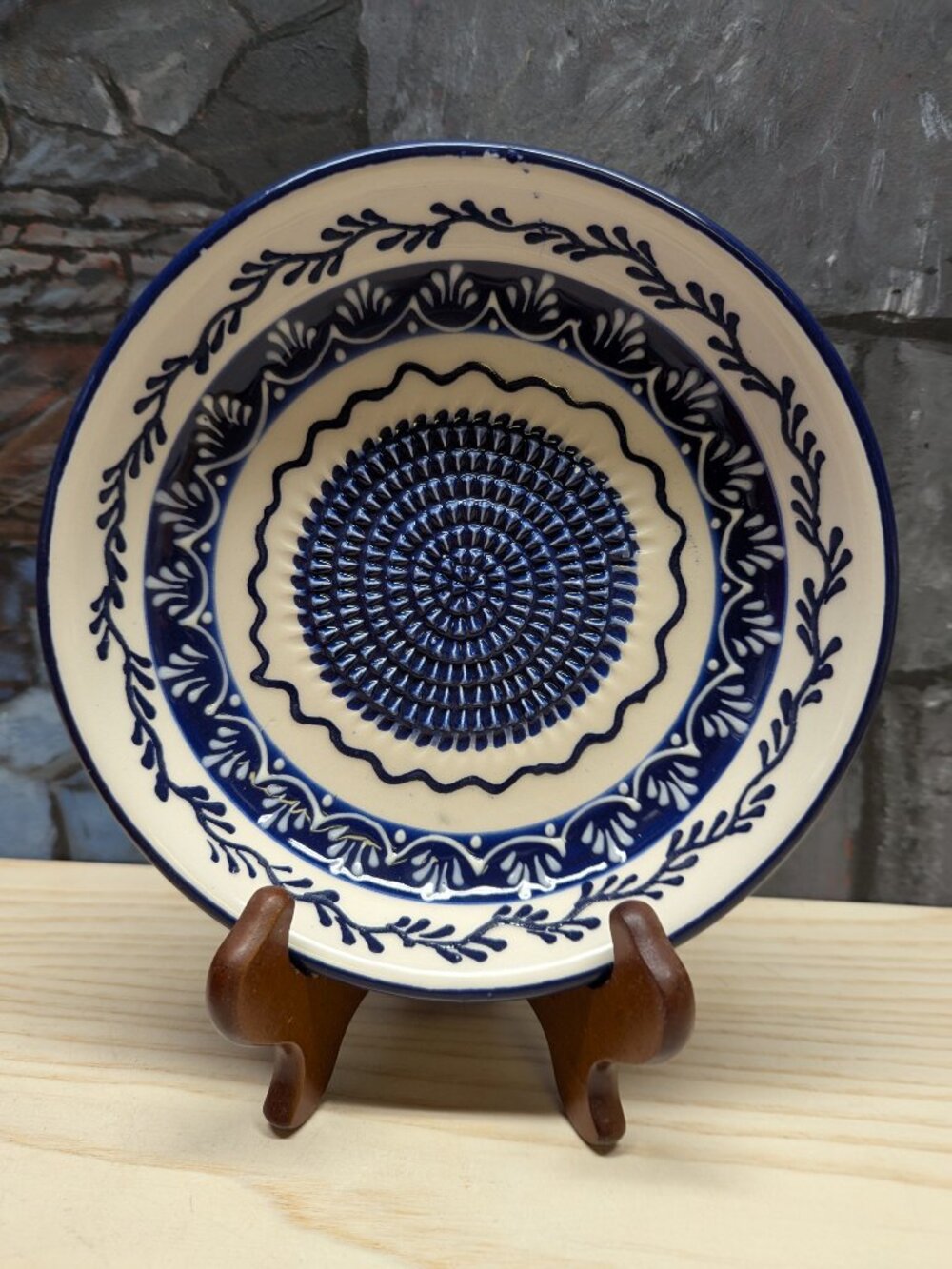 Handmade Ceramic Garlic Ginger Grater Plate Blue Glazed Pottery Kitchen Tool 7"